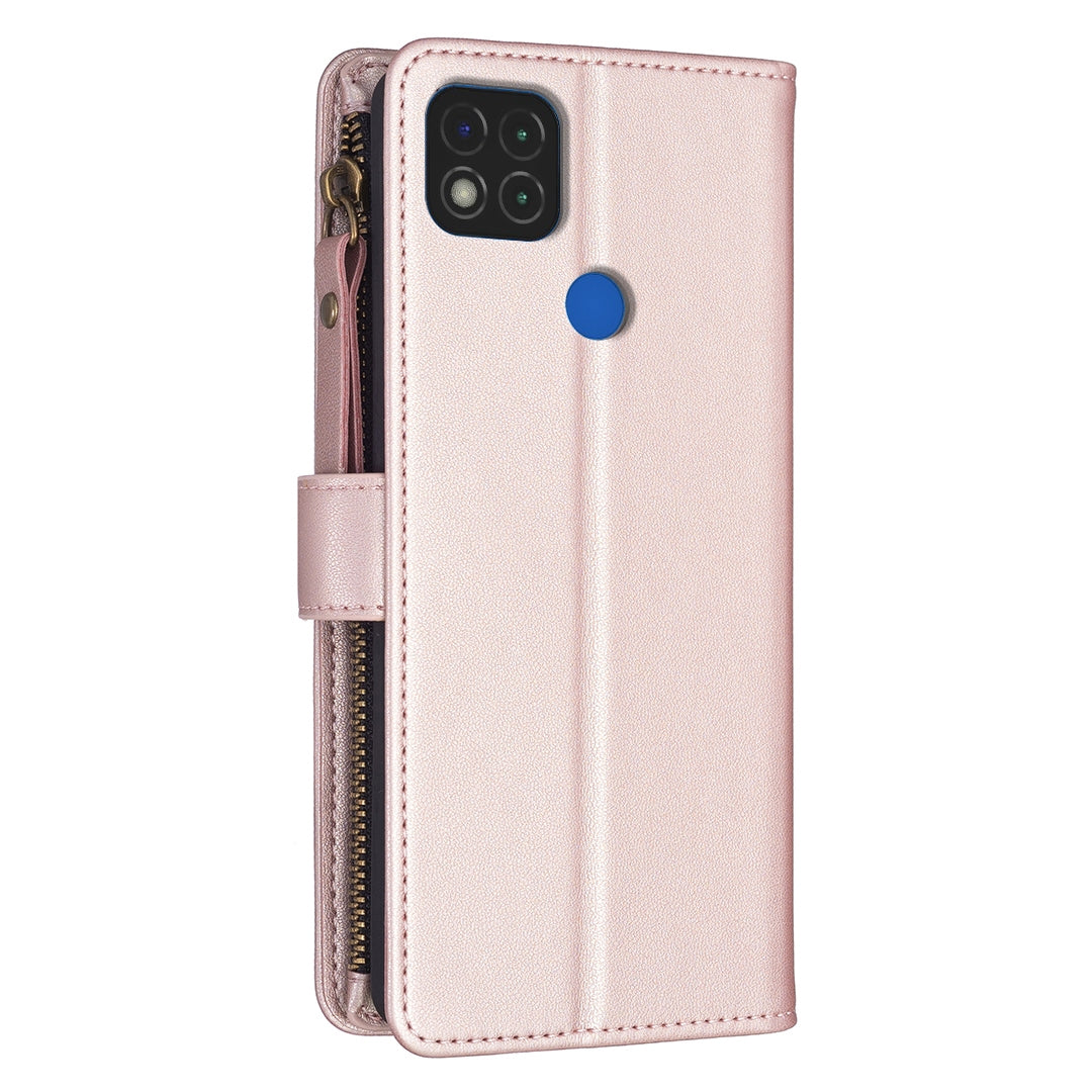 Xiaomi Redmi 9C Leather Flip Wallet Phone Case with 9 Card Slots, Zipper Compartment, and Adjustable Stand