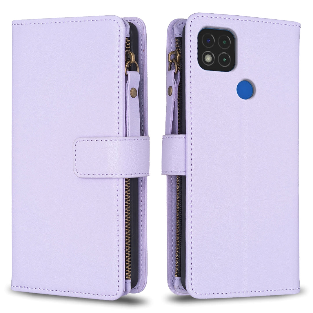 Xiaomi Redmi 9C Leather Flip Wallet Phone Case with 9 Card Slots, Zipper Compartment, and Adjustable Stand