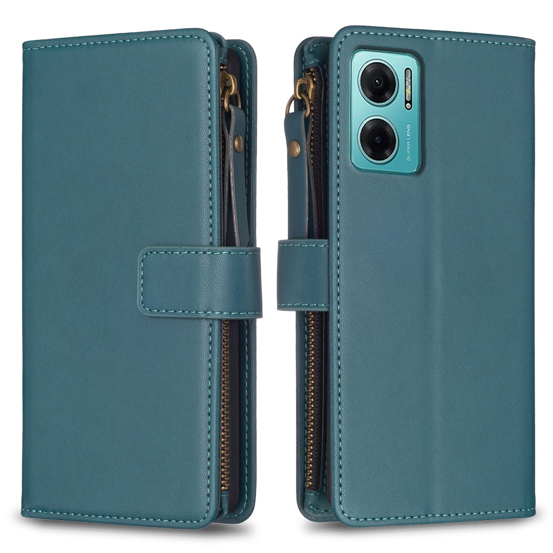 Xiaomi Redmi 10 5G Leather Flip Wallet Phone Case with 9 Card Slots, Zipper Compartment, and Adjustable Stand