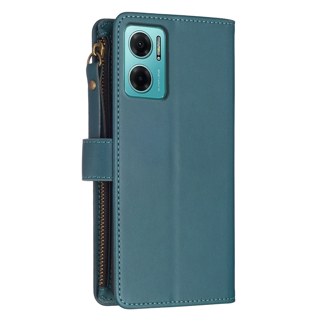 Xiaomi Redmi 10 5G Leather Flip Wallet Phone Case with 9 Card Slots, Zipper Compartment, and Adjustable Stand