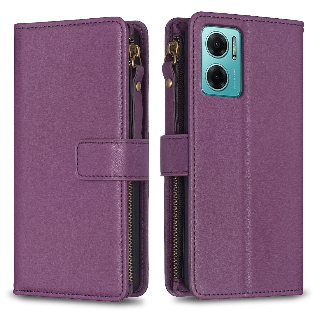 Xiaomi Redmi 10 5G Leather Flip Wallet Phone Case with 9 Card Slots, Zipper Compartment, and Adjustable Stand