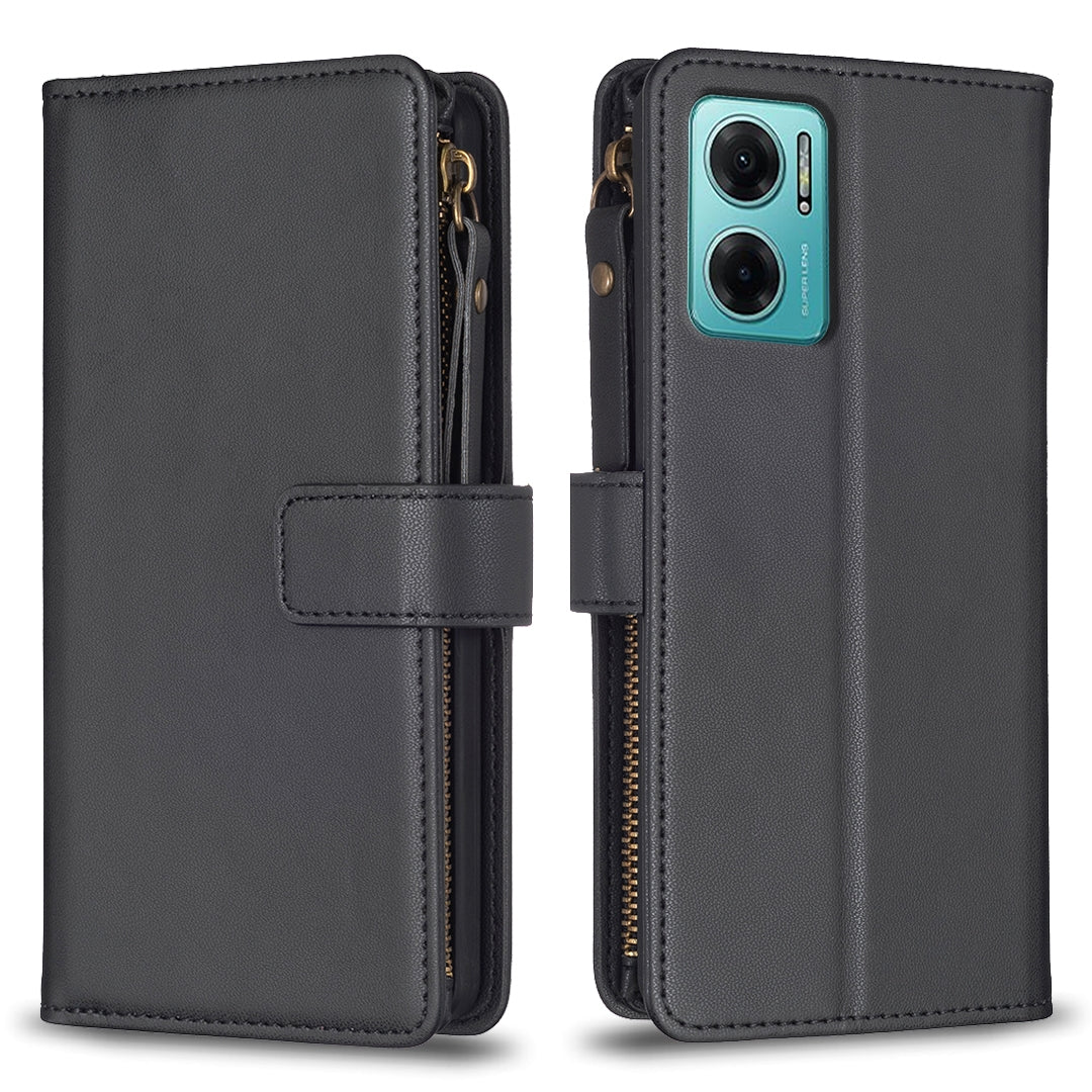 Xiaomi Redmi 10 5G Leather Flip Wallet Phone Case with 9 Card Slots, Zipper Compartment, and Adjustable Stand