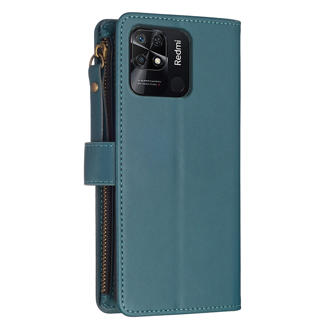 Xiaomi Redmi 10C Leather Flip Wallet Phone Case with 9 Card Slots, Zipper Compartment, and Adjustable Stand
