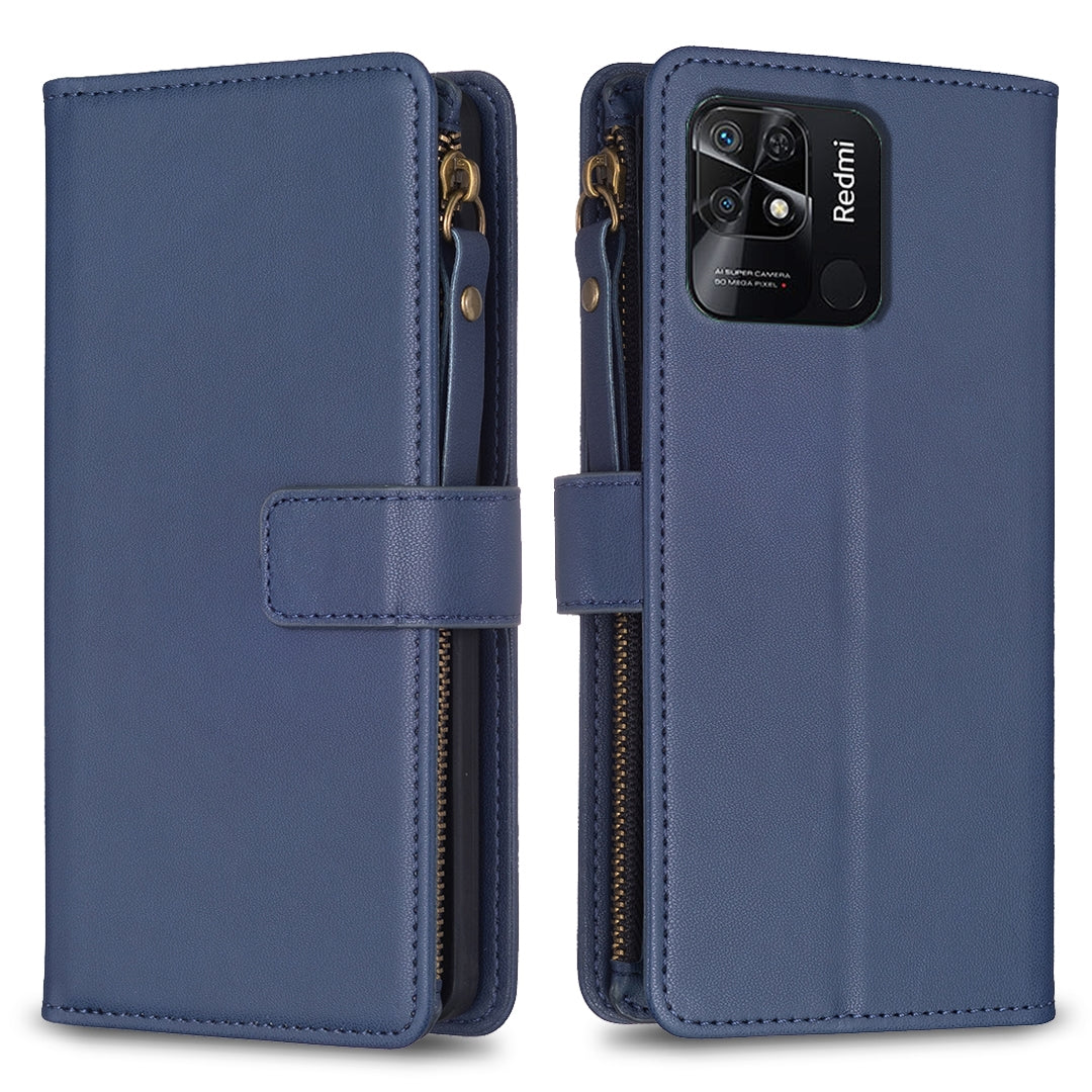 Xiaomi Redmi 10C Leather Flip Wallet Phone Case with 9 Card Slots, Zipper Compartment, and Adjustable Stand