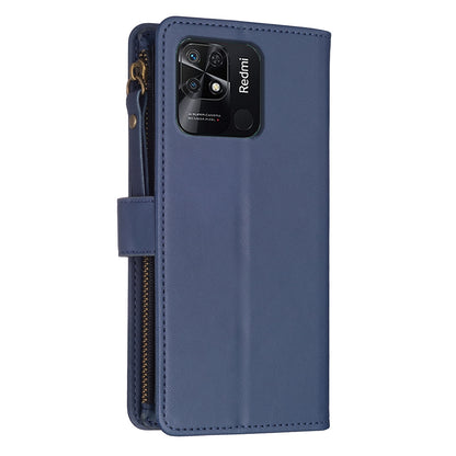 Xiaomi Redmi 10C Leather Flip Wallet Phone Case with 9 Card Slots, Zipper Compartment, and Adjustable Stand