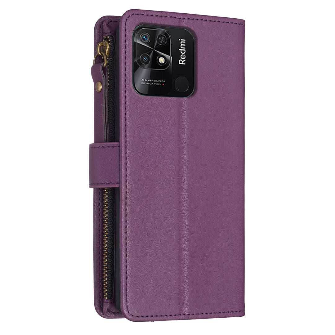 Xiaomi Redmi 10C Leather Flip Wallet Phone Case with 9 Card Slots, Zipper Compartment, and Adjustable Stand
