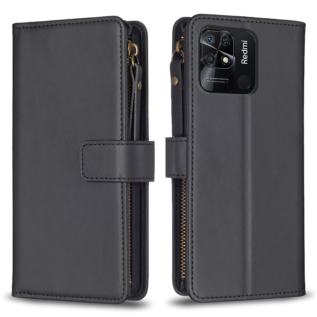Xiaomi Redmi 10C Leather Flip Wallet Phone Case with 9 Card Slots, Zipper Compartment, and Adjustable Stand