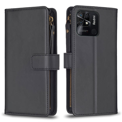Xiaomi Redmi 10C Leather Flip Wallet Phone Case with 9 Card Slots, Zipper Compartment, and Adjustable Stand