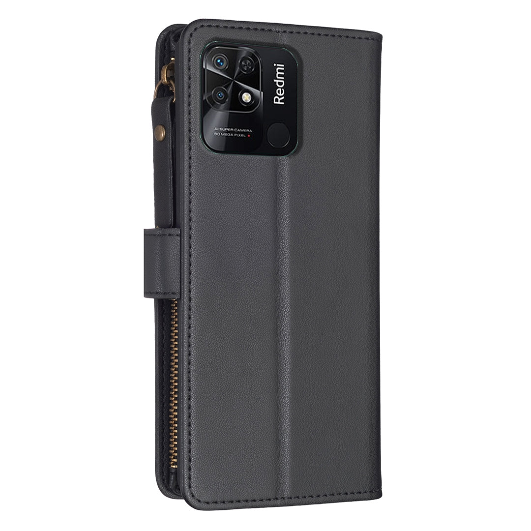 Xiaomi Redmi 10C Leather Flip Wallet Phone Case with 9 Card Slots, Zipper Compartment, and Adjustable Stand