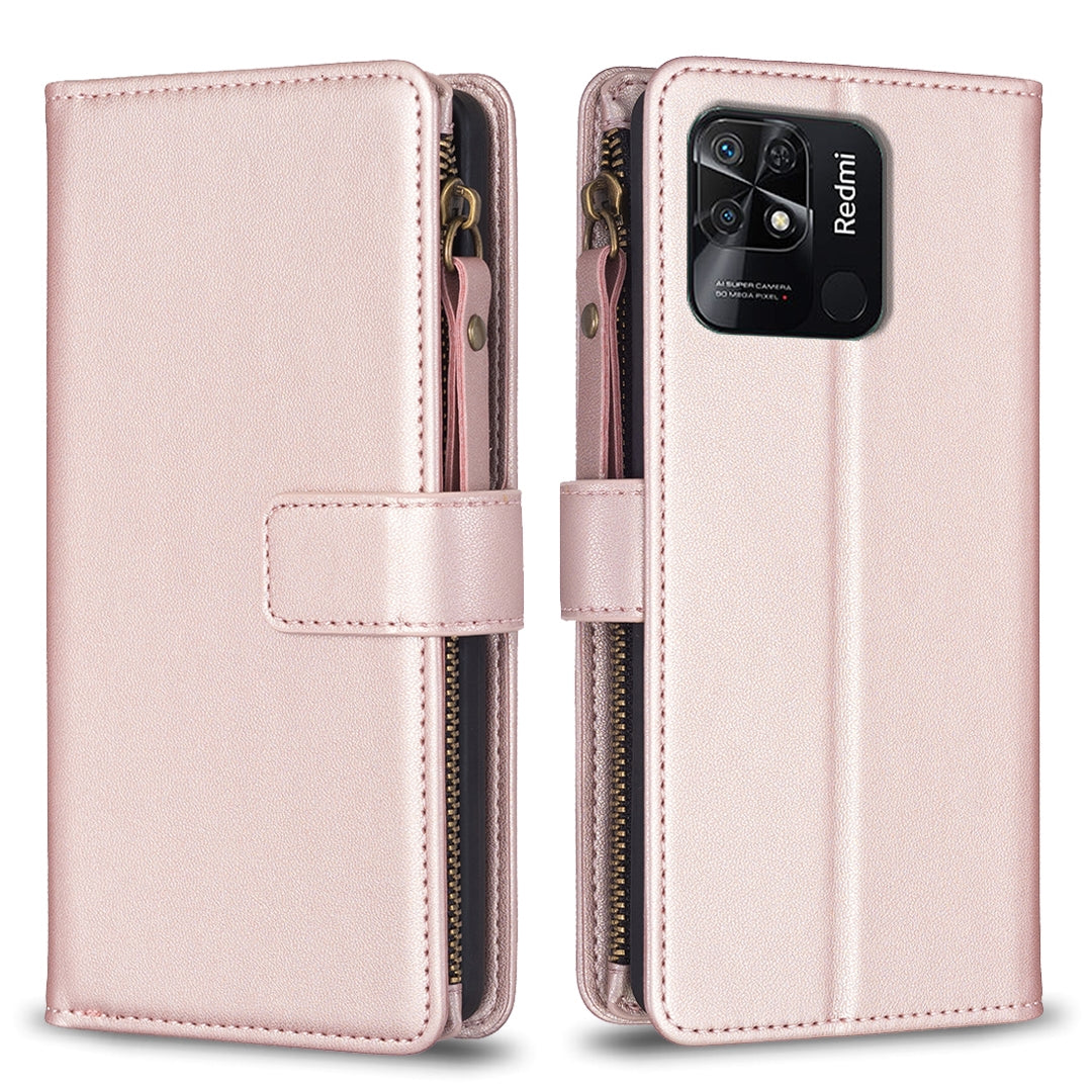 Xiaomi Redmi 10C Leather Flip Wallet Phone Case with 9 Card Slots, Zipper Compartment, and Adjustable Stand