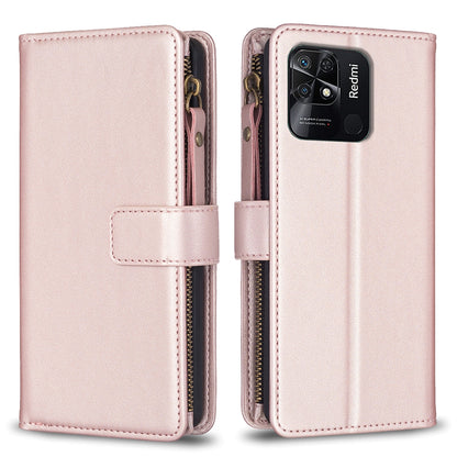Xiaomi Redmi 10C Leather Flip Wallet Phone Case with 9 Card Slots, Zipper Compartment, and Adjustable Stand
