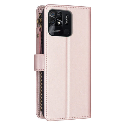 Xiaomi Redmi 10C Leather Flip Wallet Phone Case with 9 Card Slots, Zipper Compartment, and Adjustable Stand