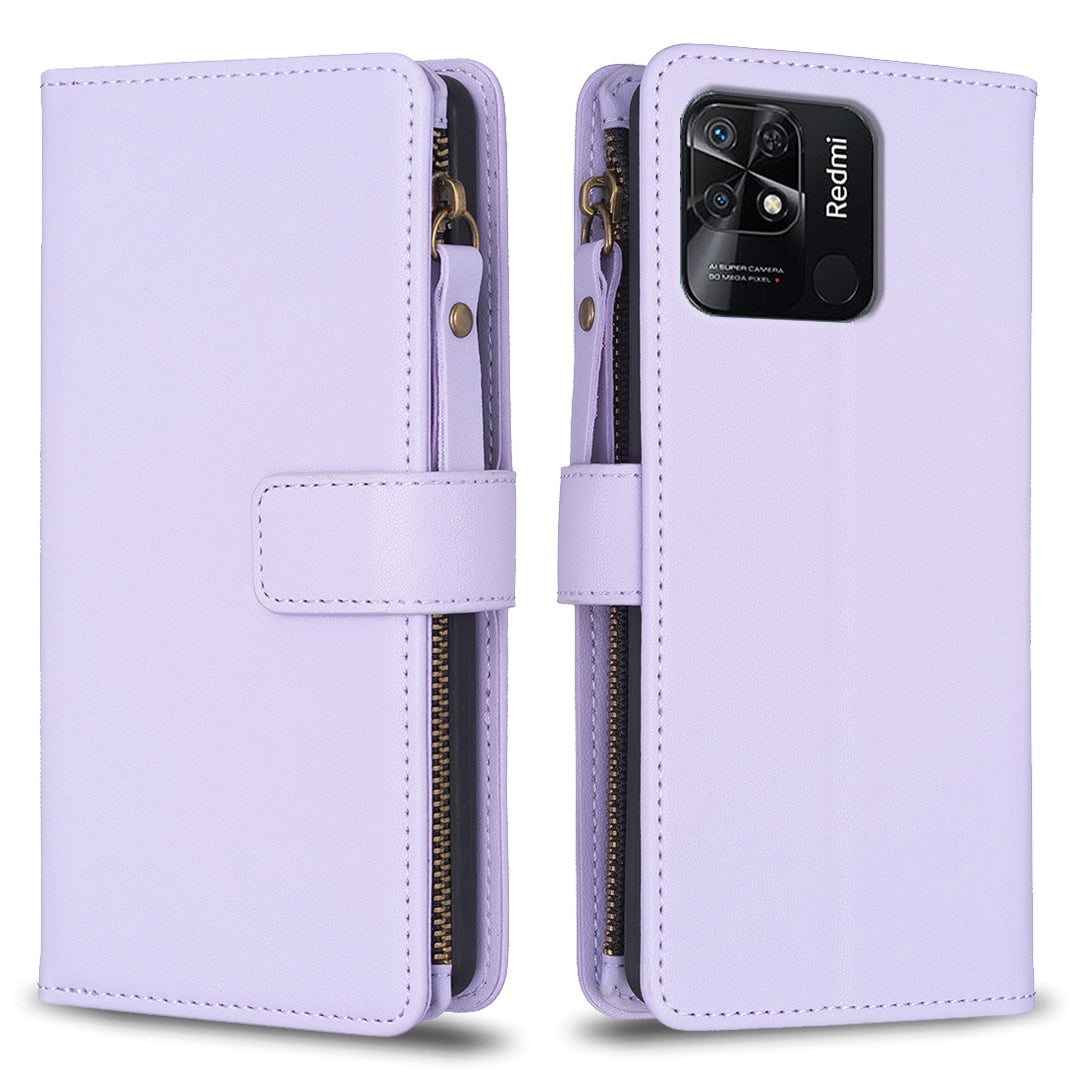 Xiaomi Redmi 10C Leather Flip Wallet Phone Case with 9 Card Slots, Zipper Compartment, and Adjustable Stand