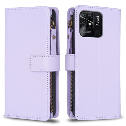 Xiaomi Redmi 10C Leather Flip Wallet Phone Case with 9 Card Slots, Zipper Compartment, and Adjustable Stand