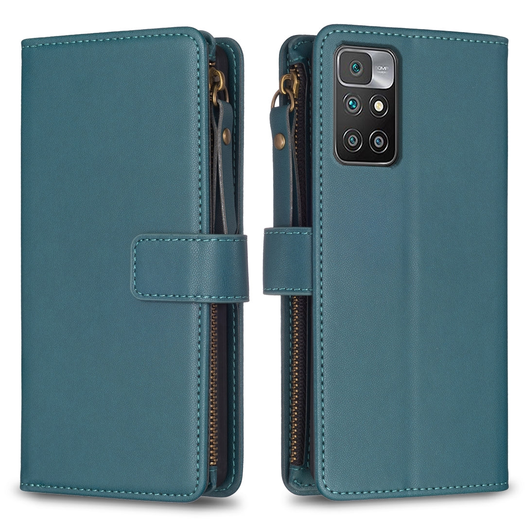 Xiaomi Redmi 10 Leather Flip Wallet Phone Case with 9 Card Slots, Zipper Compartment, and Adjustable Stand