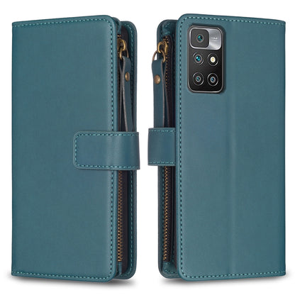 Xiaomi Redmi 10 Leather Flip Wallet Phone Case with 9 Card Slots, Zipper Compartment, and Adjustable Stand