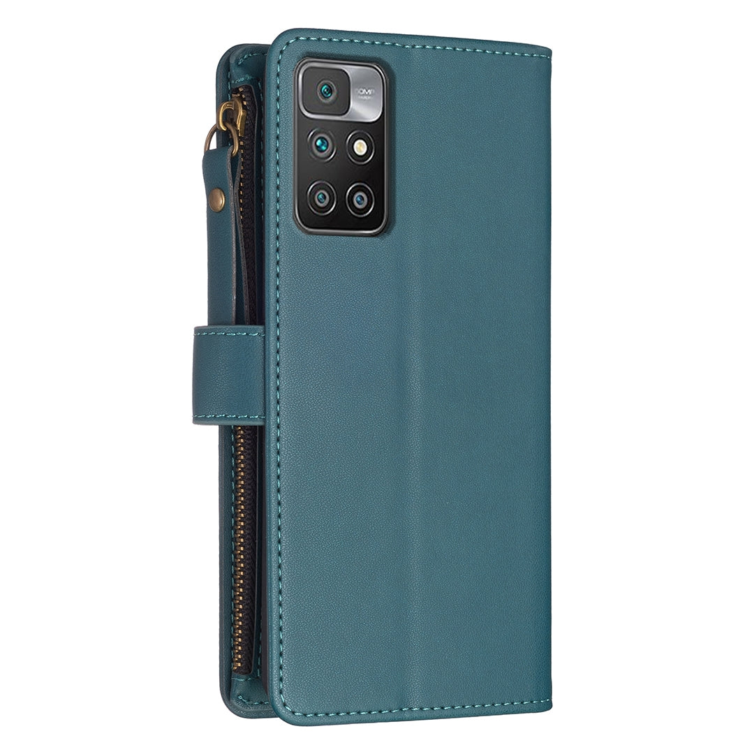 Xiaomi Redmi 10 Leather Flip Wallet Phone Case with 9 Card Slots, Zipper Compartment, and Adjustable Stand