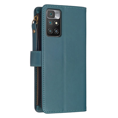 Xiaomi Redmi 10 Leather Flip Wallet Phone Case with 9 Card Slots, Zipper Compartment, and Adjustable Stand