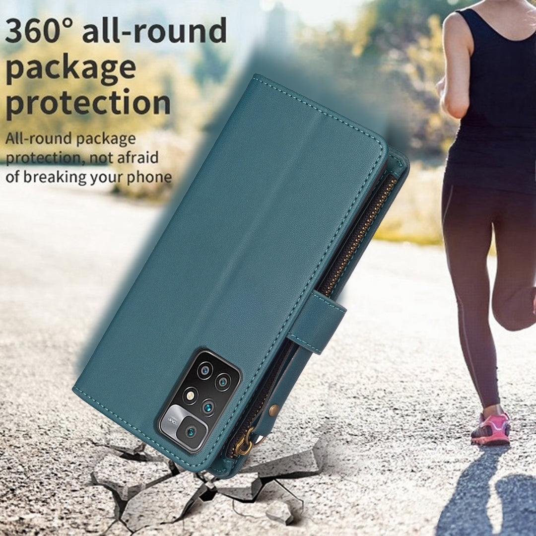 Xiaomi Redmi 10 Leather Flip Wallet Phone Case with 9 Card Slots, Zipper Compartment, and Adjustable Stand