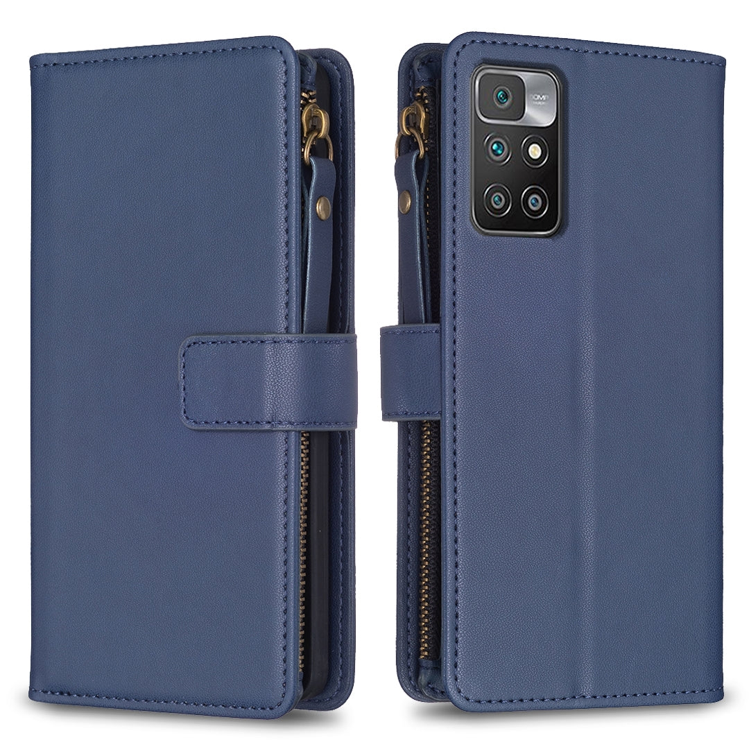 Xiaomi Redmi 10 Leather Flip Wallet Phone Case with 9 Card Slots, Zipper Compartment, and Adjustable Stand