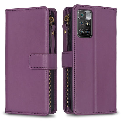 Xiaomi Redmi 10 Leather Flip Wallet Phone Case with 9 Card Slots, Zipper Compartment, and Adjustable Stand