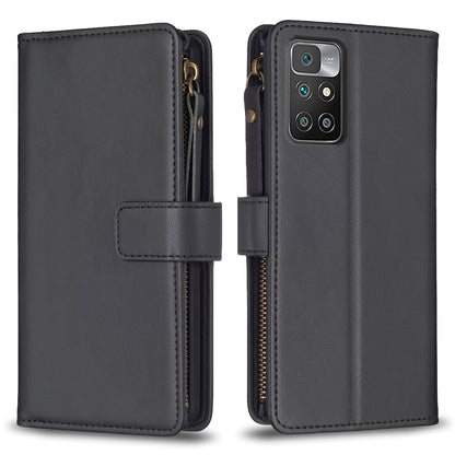 Xiaomi Redmi 10 Leather Flip Wallet Phone Case with 9 Card Slots, Zipper Compartment, and Adjustable Stand