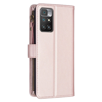 Xiaomi Redmi 10 Leather Flip Wallet Phone Case with 9 Card Slots, Zipper Compartment, and Adjustable Stand