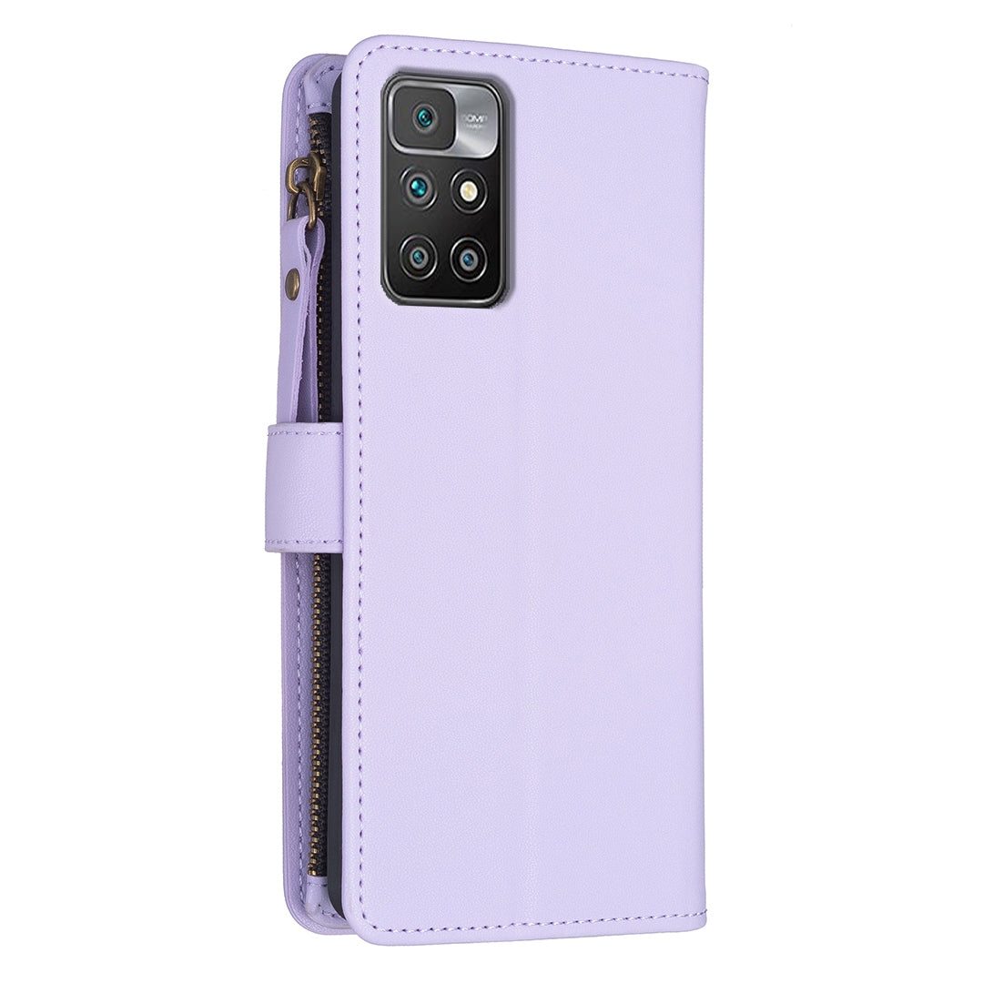 Xiaomi Redmi 10 Leather Flip Wallet Phone Case with 9 Card Slots, Zipper Compartment, and Adjustable Stand