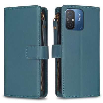 Xiaomi Redmi 12C Leather Flip Wallet Phone Case with 9 Card Slots, Zipper Compartment, and Adjustable Stand