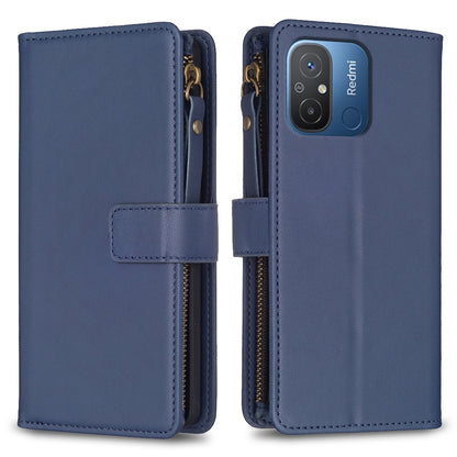 Xiaomi Redmi 12C Leather Flip Wallet Phone Case with 9 Card Slots, Zipper Compartment, and Adjustable Stand