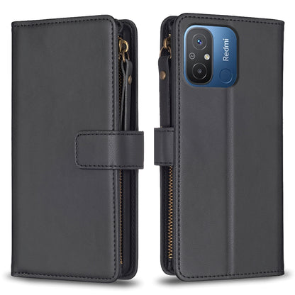 Xiaomi Redmi 12C Leather Flip Wallet Phone Case with 9 Card Slots, Zipper Compartment, and Adjustable Stand