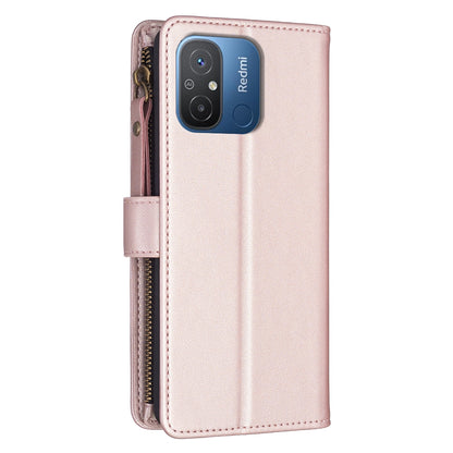 Xiaomi Redmi 12C Leather Flip Wallet Phone Case with 9 Card Slots, Zipper Compartment, and Adjustable Stand