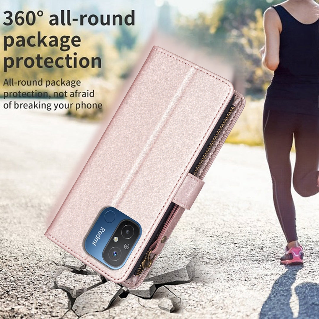 Xiaomi Redmi 12C Leather Flip Wallet Phone Case with 9 Card Slots, Zipper Compartment, and Adjustable Stand