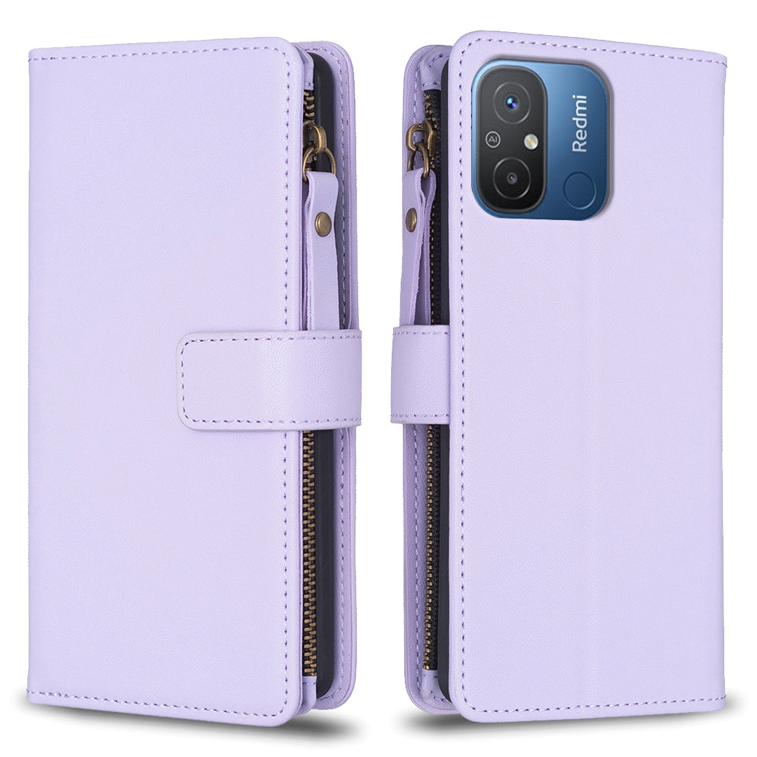 Xiaomi Redmi 12C Leather Flip Wallet Phone Case with 9 Card Slots, Zipper Compartment, and Adjustable Stand