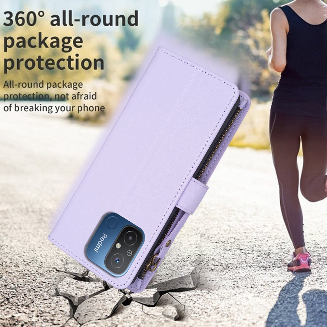 Xiaomi Redmi 12C Leather Flip Wallet Phone Case with 9 Card Slots, Zipper Compartment, and Adjustable Stand