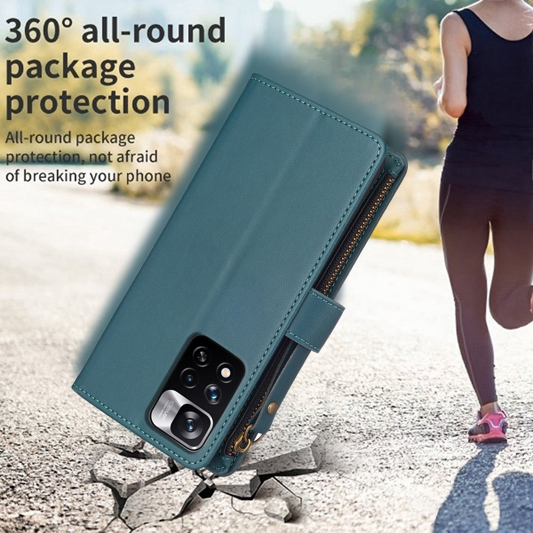 Xiaomi Redmi Note 11 Pro Leather Flip Wallet Phone Case with 9 Card Slots, Zipper Compartment, and Adjustable Stand