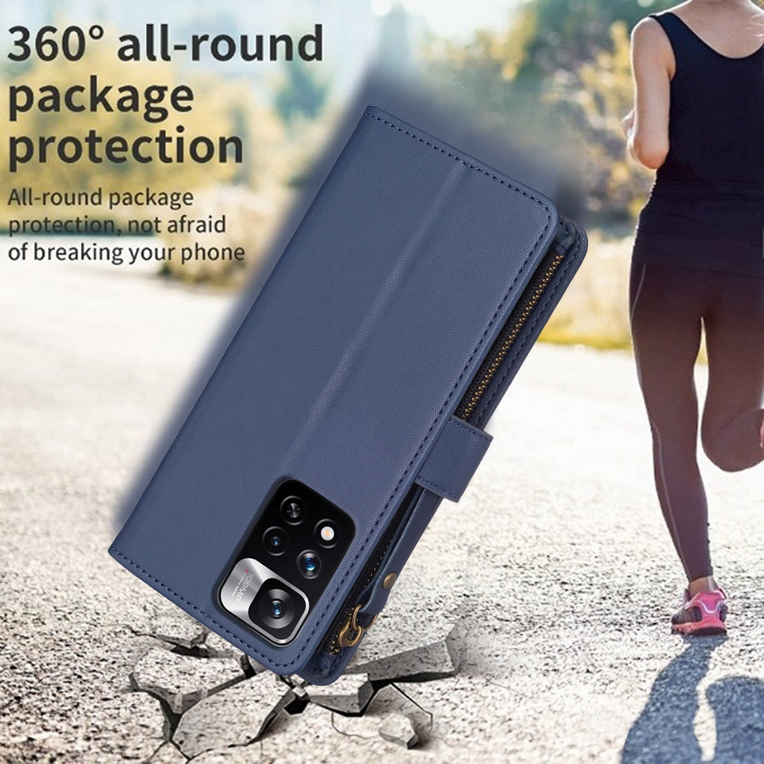 Xiaomi Redmi Note 11 Pro Leather Flip Wallet Phone Case with 9 Card Slots, Zipper Compartment, and Adjustable Stand