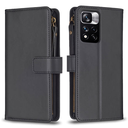 Xiaomi Redmi Note 11 Pro Leather Flip Wallet Phone Case with 9 Card Slots, Zipper Compartment, and Adjustable Stand