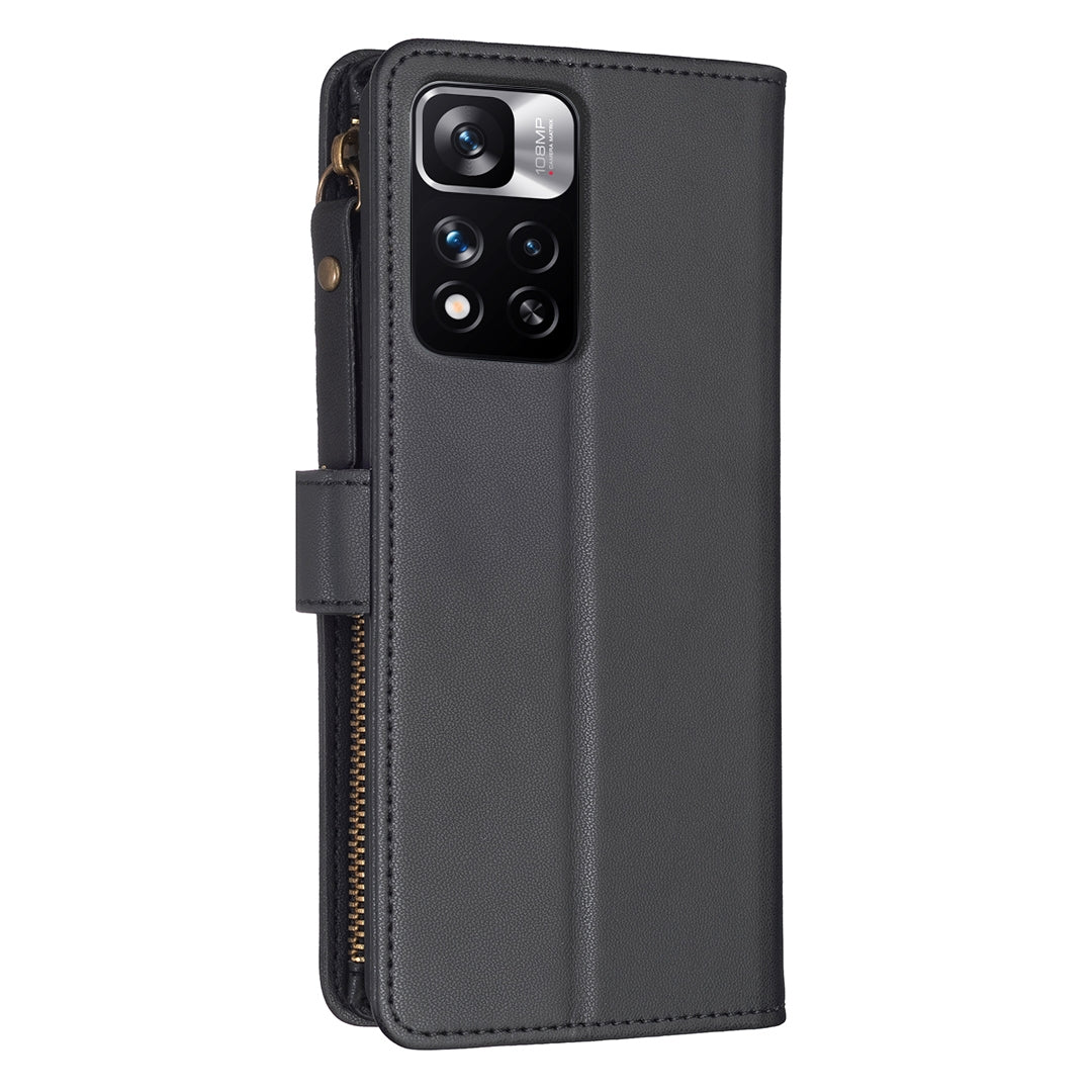 Xiaomi Redmi Note 11 Pro Leather Flip Wallet Phone Case with 9 Card Slots, Zipper Compartment, and Adjustable Stand