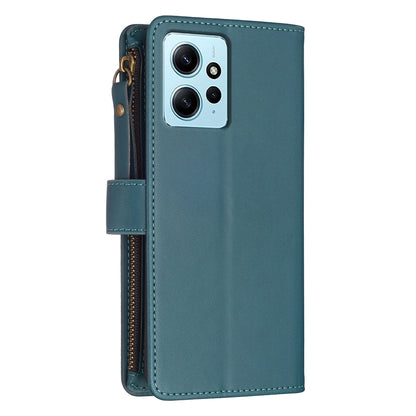 Xiaomi Redmi Note 12 4G Leather Flip Wallet Phone Case with 9 Card Slots, Zipper Compartment, and Adjustable Stand