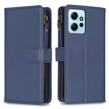 Xiaomi Redmi Note 12 4G Leather Flip Wallet Phone Case with 9 Card Slots, Zipper Compartment, and Adjustable Stand