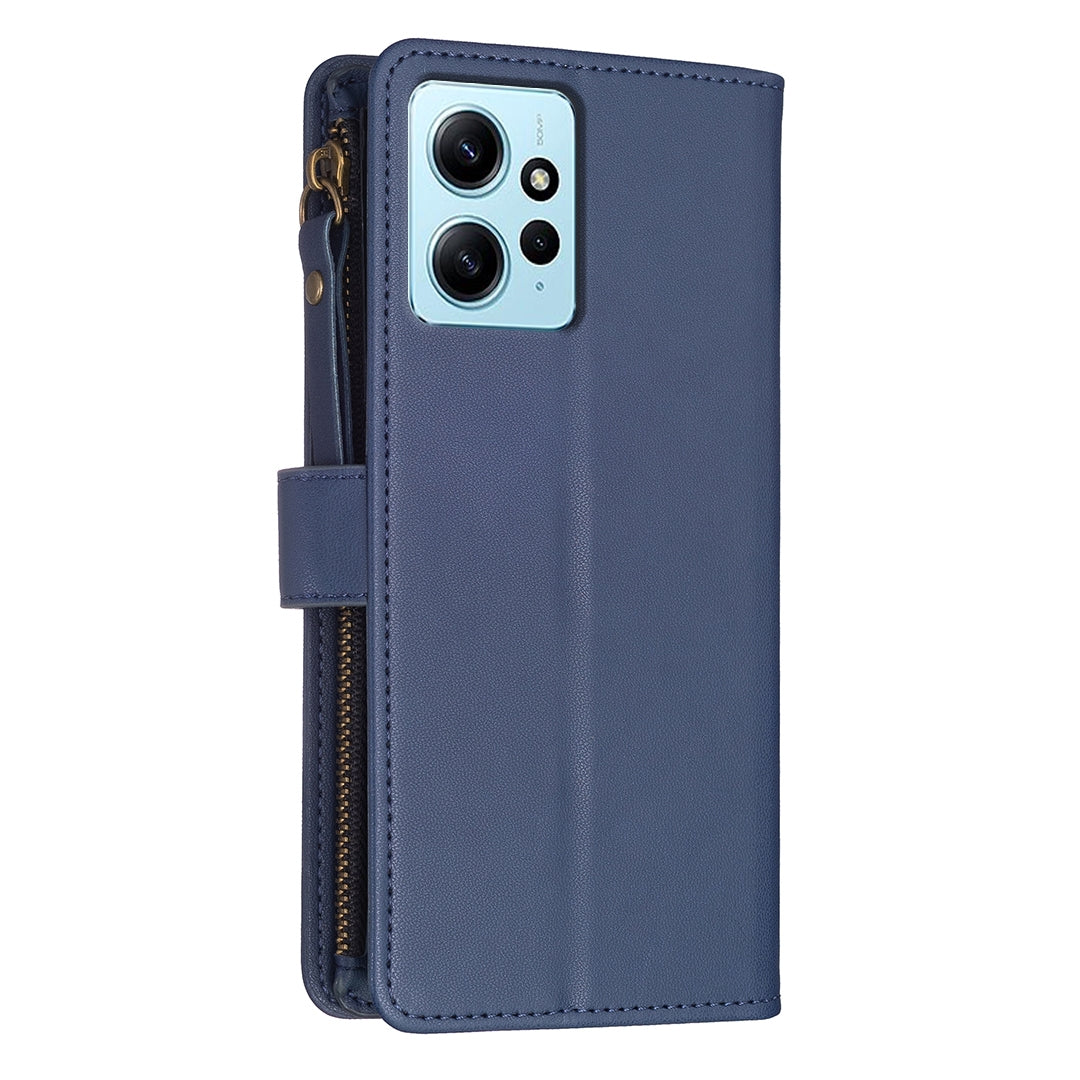 Xiaomi Redmi Note 12 4G Leather Flip Wallet Phone Case with 9 Card Slots, Zipper Compartment, and Adjustable Stand
