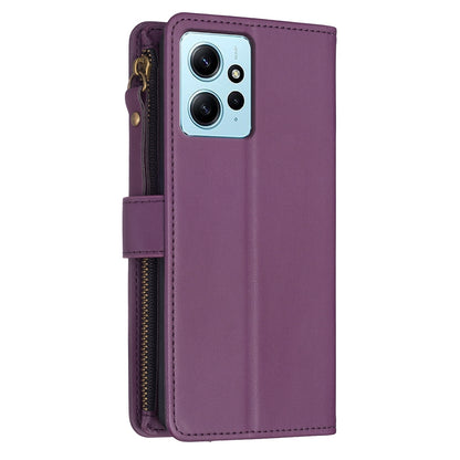 Xiaomi Redmi Note 12 4G Leather Flip Wallet Phone Case with 9 Card Slots, Zipper Compartment, and Adjustable Stand