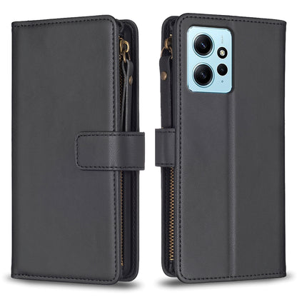 Xiaomi Redmi Note 12 4G Leather Flip Wallet Phone Case with 9 Card Slots, Zipper Compartment, and Adjustable Stand