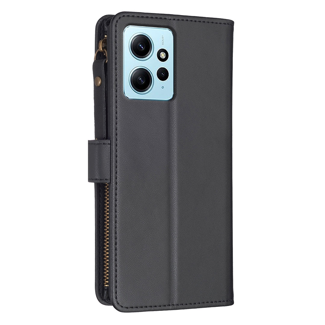 Xiaomi Redmi Note 12 4G Leather Flip Wallet Phone Case with 9 Card Slots, Zipper Compartment, and Adjustable Stand