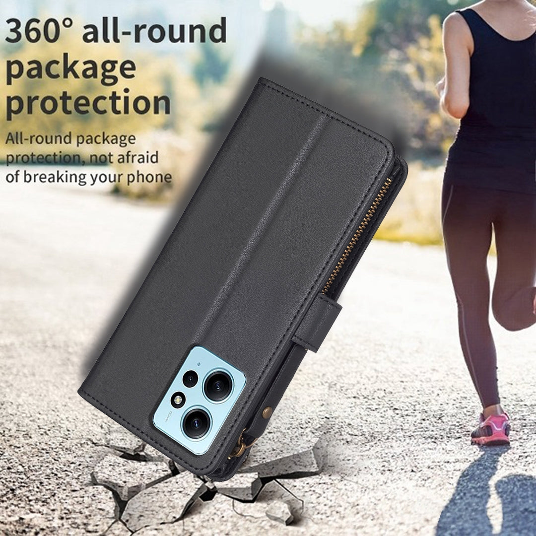 Xiaomi Redmi Note 12 4G Leather Flip Wallet Phone Case with 9 Card Slots, Zipper Compartment, and Adjustable Stand