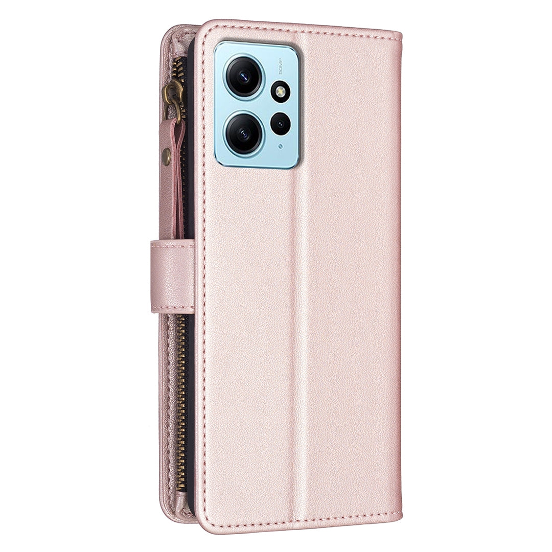 Xiaomi Redmi Note 12 4G Leather Flip Wallet Phone Case with 9 Card Slots, Zipper Compartment, and Adjustable Stand