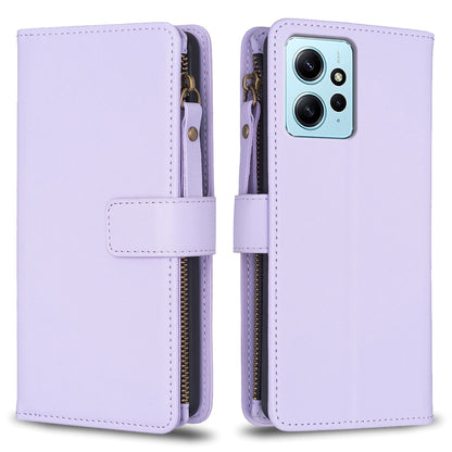 Xiaomi Redmi Note 12 4G Leather Flip Wallet Phone Case with 9 Card Slots, Zipper Compartment, and Adjustable Stand