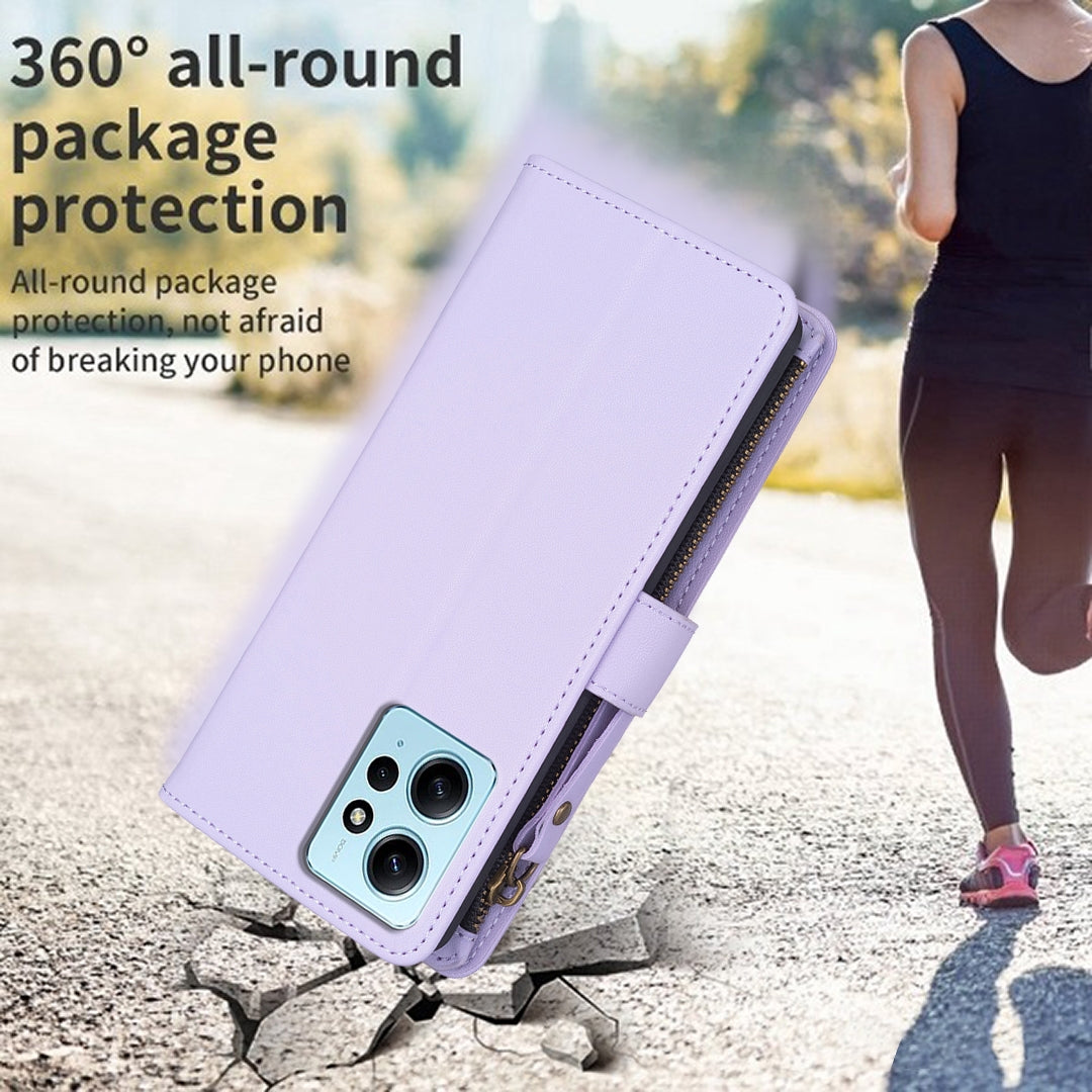 Xiaomi Redmi Note 12 4G Leather Flip Wallet Phone Case with 9 Card Slots, Zipper Compartment, and Adjustable Stand