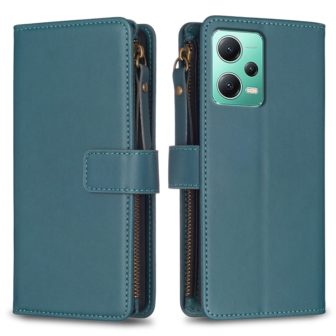 Xiaomi Redmi Note 12 5G Leather Flip Wallet Phone Case with 9 Card Slots, Zipper Compartment, and Adjustable Stand